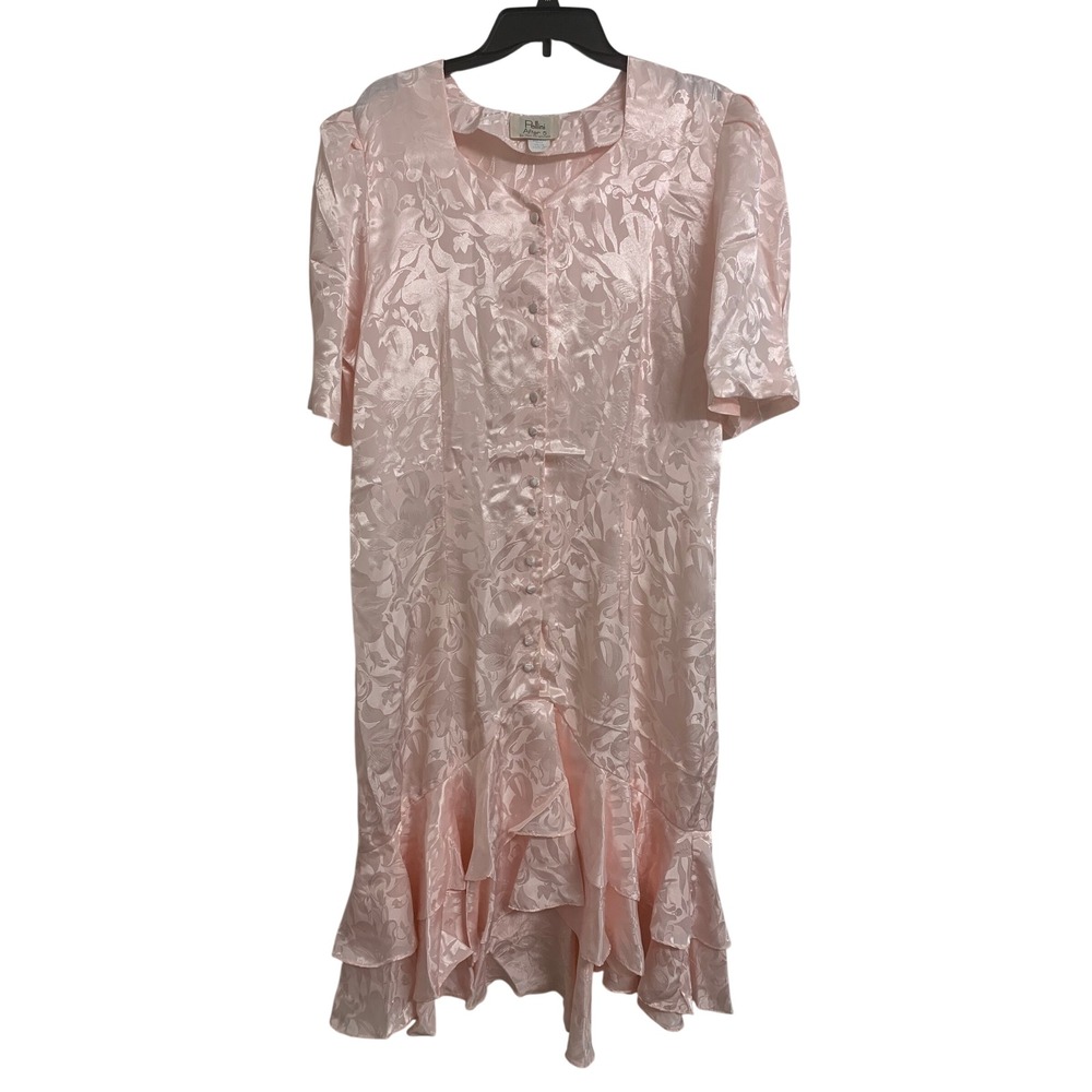 Vintage Pellini‎ After 5 Pink Satin Floral Jacquard Ruffle High Low Dress 15/16